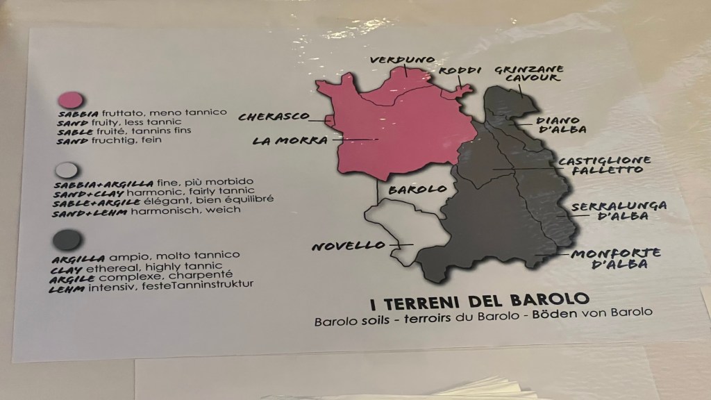 Map of Barolo's terroirs showing soil types and regions including Cherasco, La Morra, and Barolo, with descriptions of sandy and clay soils.