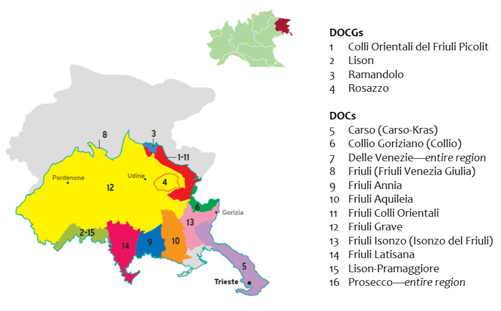 A map depicting the wine regions of Friuli, Italy, highlighting various DOCs and their respective locations.
