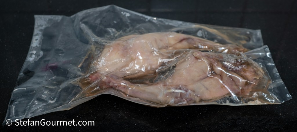 Vacuum-sealed rabbit legs ready for sous vide cooking.