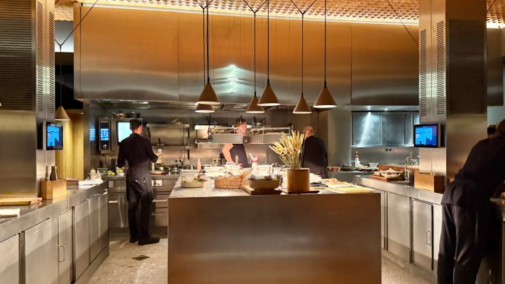 A modern restaurant kitchen featuring chefs at work, stainless steel surfaces, and various cooking equipment.