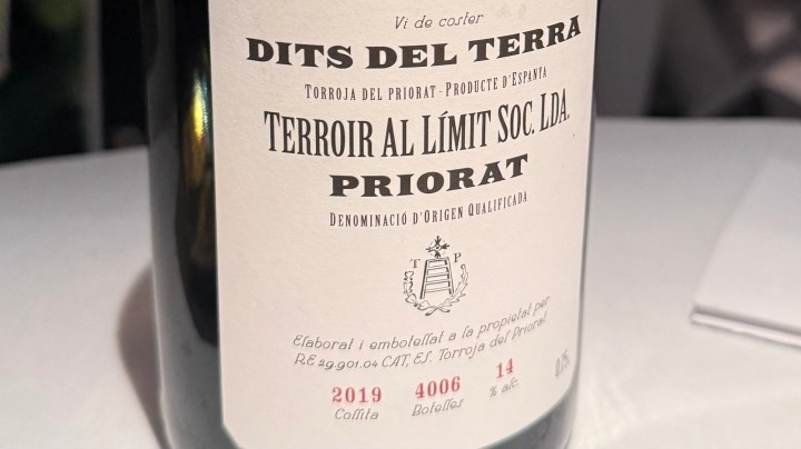 Close-up of a wine bottle label displaying 'Dits del Terra' from Terroir al Límite, Priorat, Spain, with details including vintage year 2019 and production information.