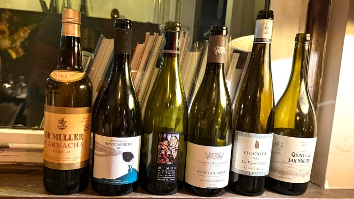 A collection of six wine bottles displayed on a wooden surface, with labels that include 'De Muller Garnacha', 'Mimus', 'Alexandrie', 'Viognier', and 'Quinta de San Michel', set against a background of books.