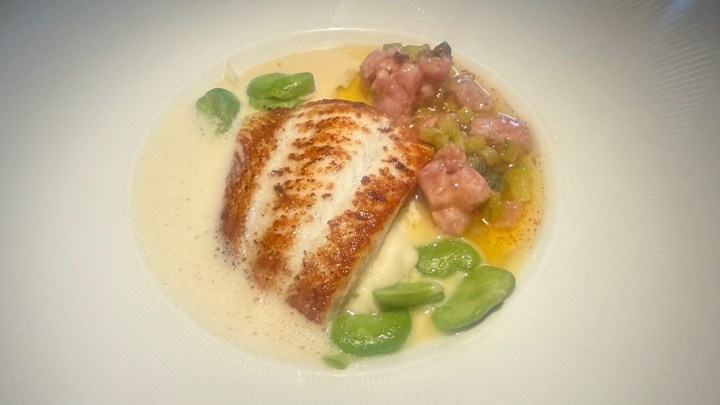 A plate of sautéed fish fillet served with a creamy sauce, alongside diced meat and green beans.