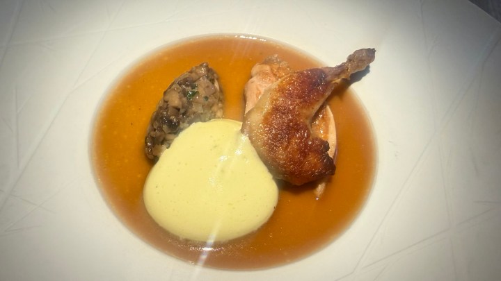 A gourmet dish featuring sliced chicken, a savory mushroom filling, and a creamy sauce, served in a rich broth.
