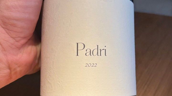 A hand holding a wine bottle labeled 'Padri 2022' with a simple and elegant design.